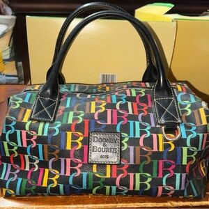 Vintage Dooney & Bourke Scribble Logo Monogram Rainbow Satchel Handbag Black Y2K